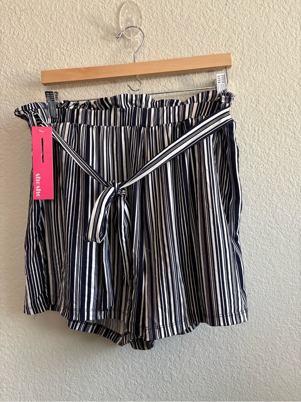 shosho Navy and White Striped High-Waist Paperbag Shorts with Tie